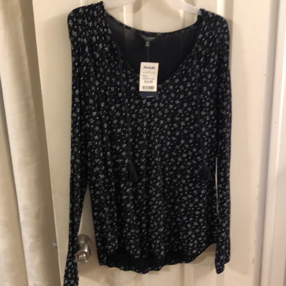 Lucky brand black top with blue flowers.  Size large, new with tags.